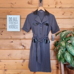 Sharagano NWT Button Down Notch‎ Collar Belted Shirt Dress Charcoal Black Size 4